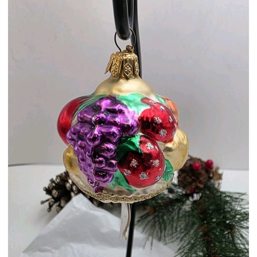 Fruit Basket Harvest Christmas Ornament, Blown Glass Star Top Inge Glas Germany